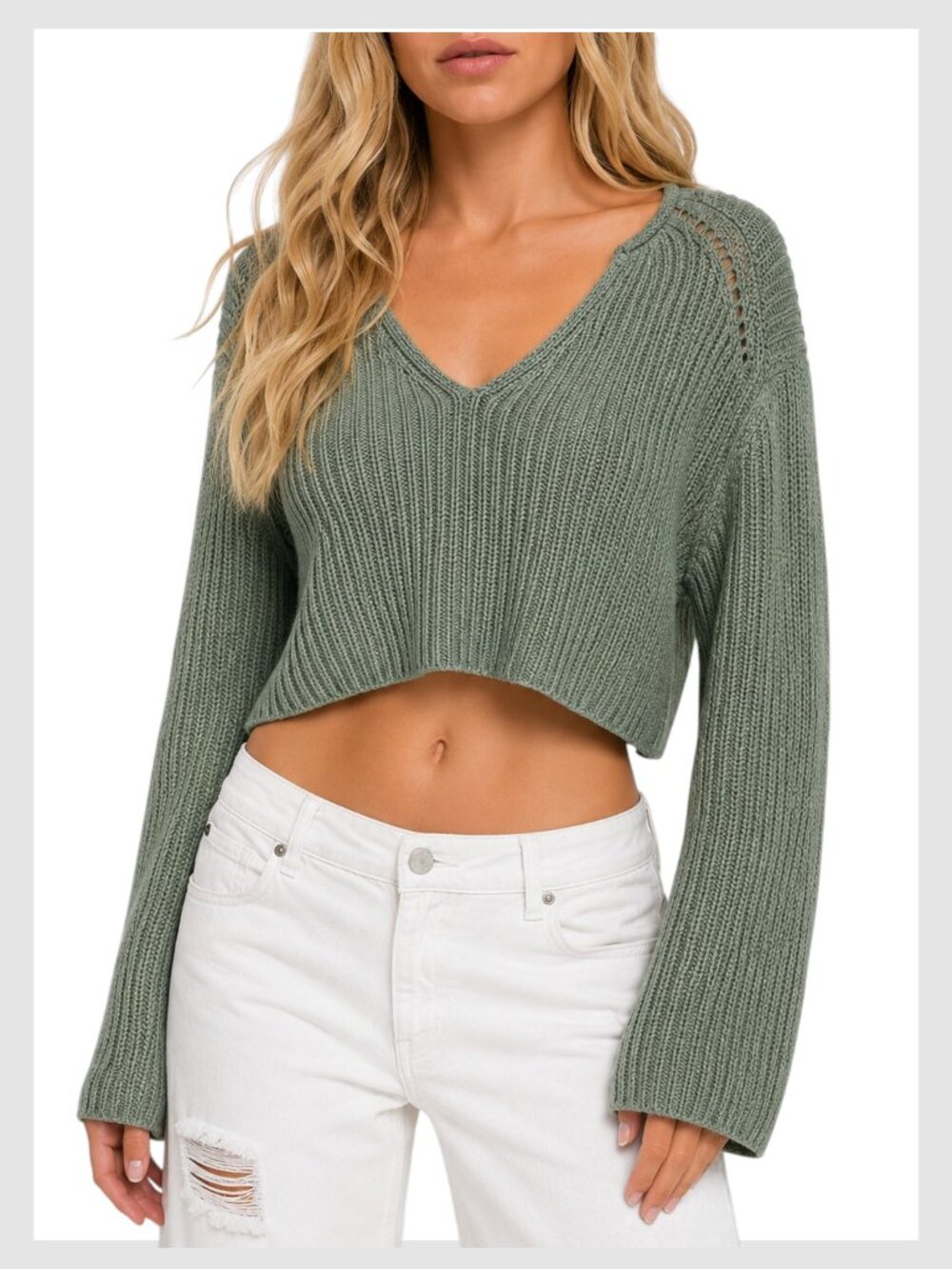 Altar'd State Cropped Sweater Sage Green V Neck Bell Sleeve Knit S